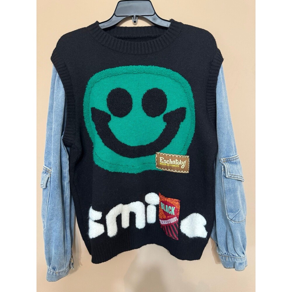 Smiley Face Patchwork Black Knit Sweater with Denim Sleeves Mcc Studios nwot